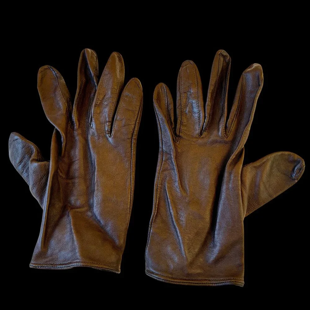 Vintage Brown Leather Gloves Unlined Button Wrist WASHABLE Womens 7.5